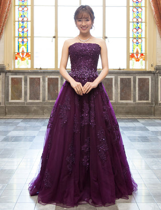 TWEED DRESS(ツイードドレス)のプラムロングドレス・チュール｜TB1714-PMの全身正面画像です。
