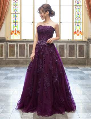 TWEED DRESS(ツイードドレス)のプラムロングドレス・チュール｜TB1714-PMの全身正面画像です。