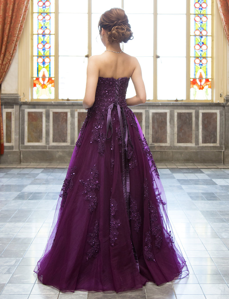 TWEED DRESS(ツイードドレス)のプラムロングドレス・チュール｜TB1714-PMの全身背面画像です。