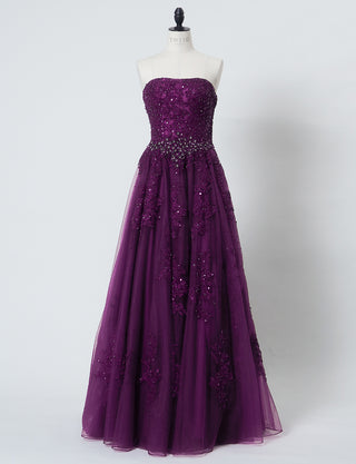 TWEED DRESS(ツイードドレス)のプラムロングドレス・チュール｜TB1714-PMのトルソー全身正面画像です。
