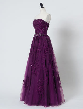 TWEED DRESS(ツイードドレス)のプラムロングドレス・チュール｜TB1714-PMのトルソー全身斜め画像です。
