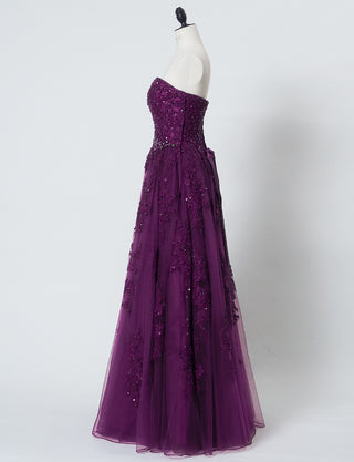 TWEED DRESS(ツイードドレス)のプラムロングドレス・チュール｜TB1714-PMのトルソー全身側面画像です。