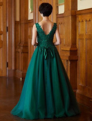 TWEED DRESS(ツイードドレス)のボトルグリーンロングドレス・チュール｜TB1719-BGNの全身背面画像です。