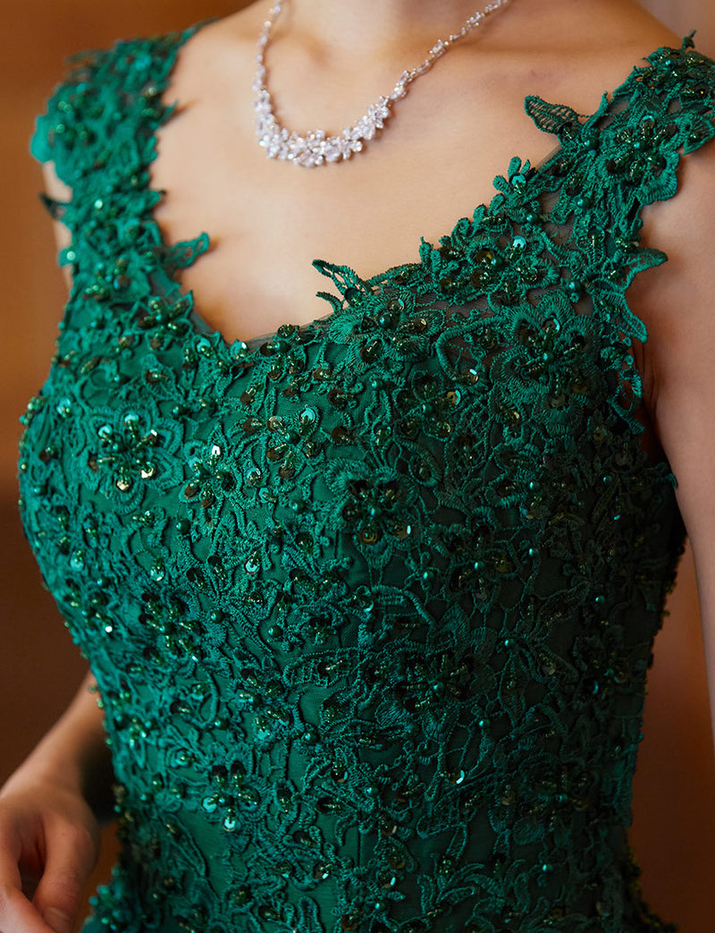 TWEED DRESS(ツイードドレス)のボトルグリーンロングドレス・チュール｜TB1719-BGNの上半身装飾拡大画像です。