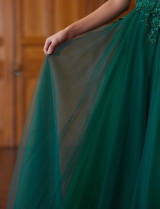 TWEED DRESS(ツイードドレス)のボトルグリーンロングドレス・チュール｜TB1719-BGNのスカート拡大画像です。