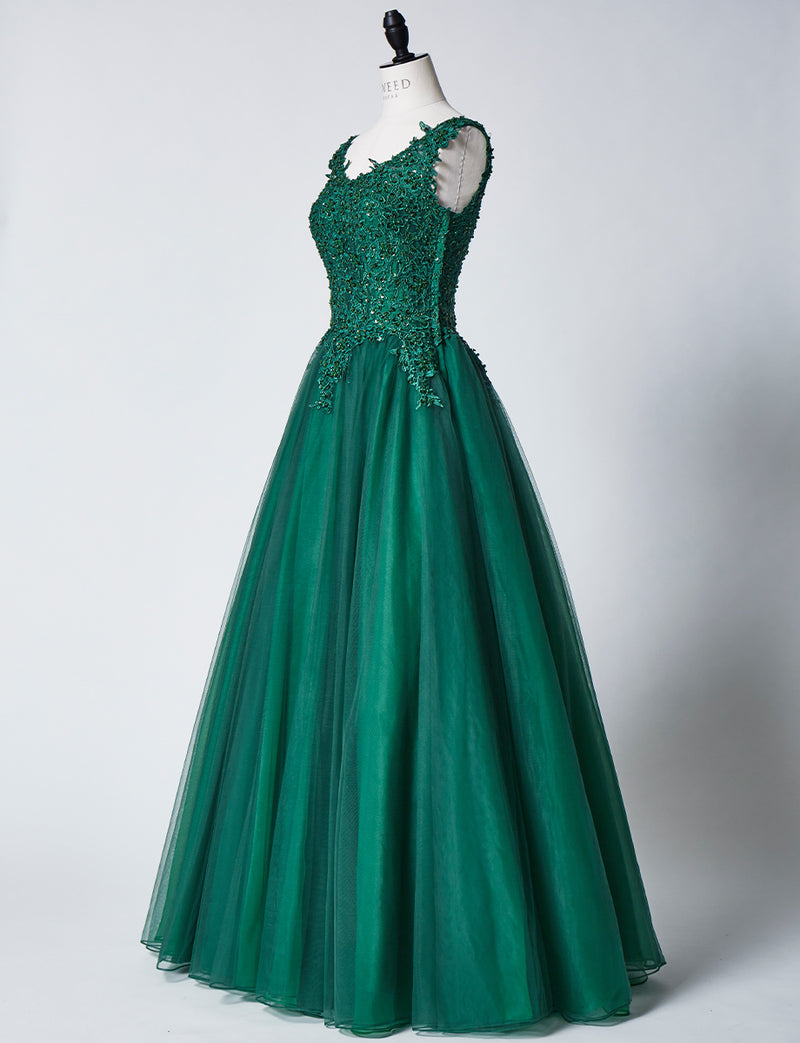 TWEED DRESS(ツイードドレス)のボトルグリーンロングドレス・チュール｜TB1719-BGNのトルソー全身斜め画像です。