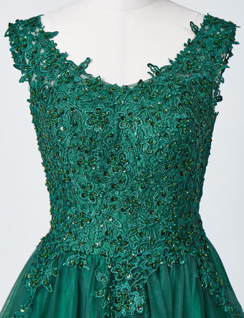 TWEED DRESS(ツイードドレス)のボトルグリーンロングドレス・チュール｜TB1719-BGNのトルソー上半身正面画像です。