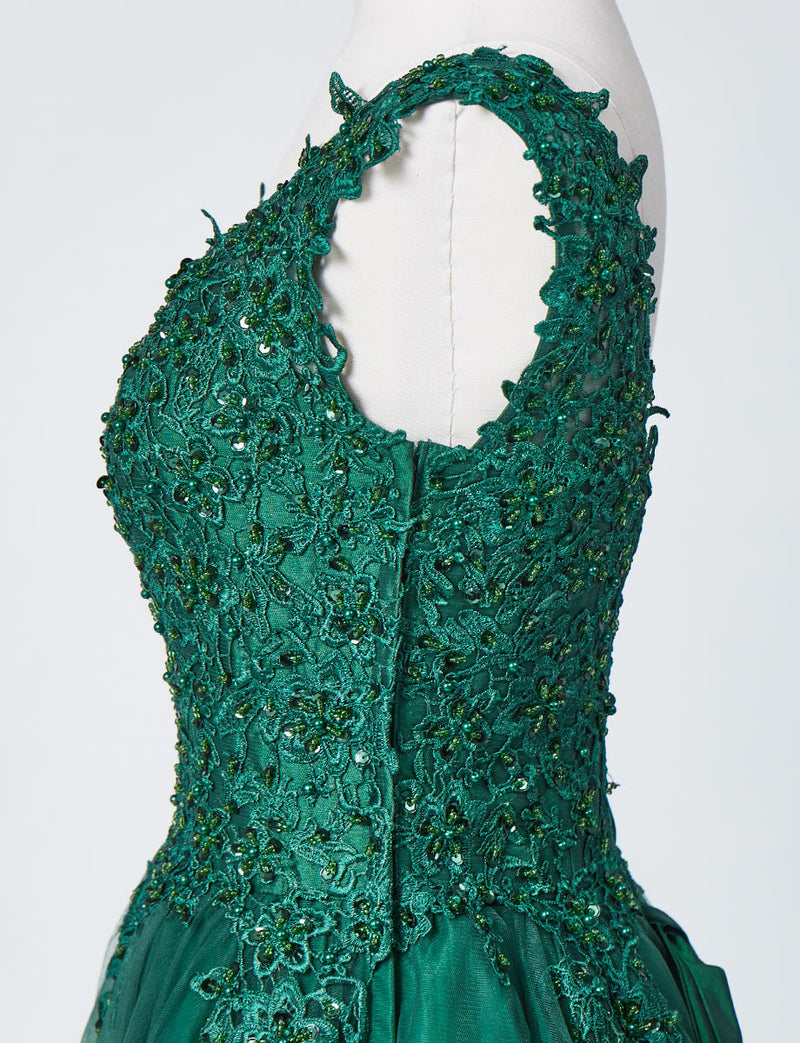 TWEED DRESS(ツイードドレス)のボトルグリーンロングドレス・チュール｜TB1719-BGNのトルソー上半身側面画像です。