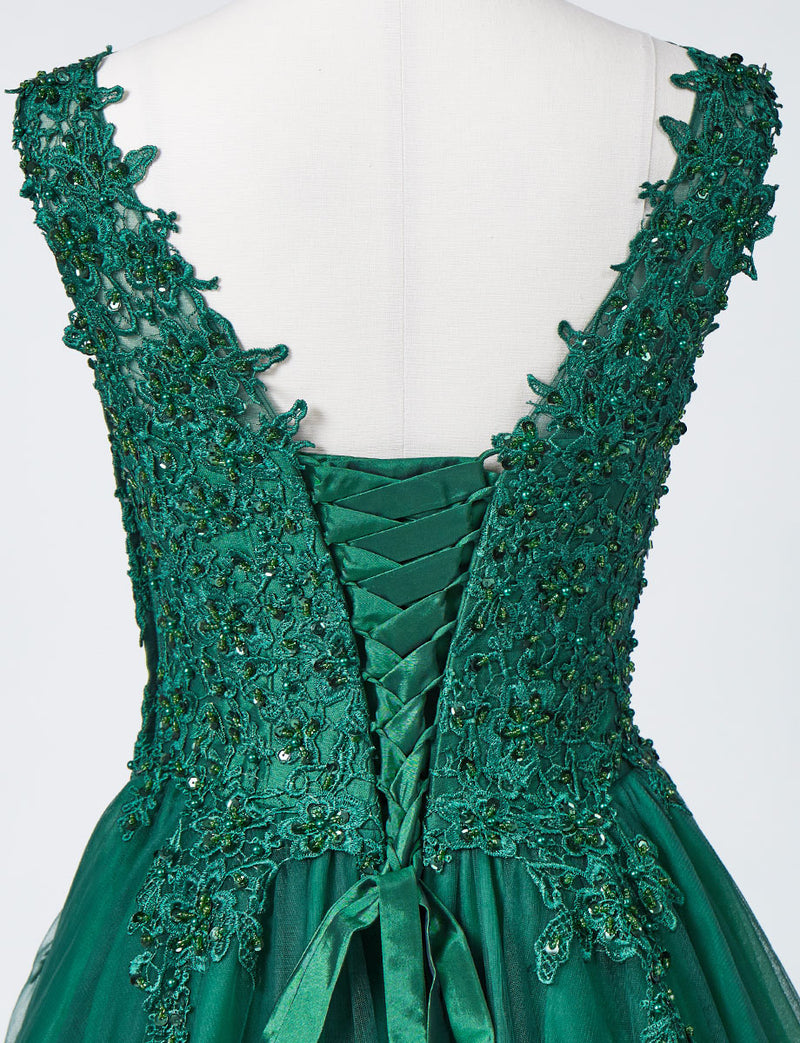 TWEED DRESS(ツイードドレス)のボトルグリーンロングドレス・チュール｜TB1719-BGNのトルソー上半身背面画像です。
