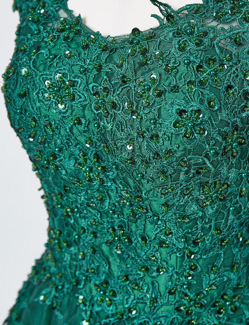 TWEED DRESS(ツイードドレス)のボトルグリーンロングドレス・チュール｜TB1719-BGNの上半身ビジュ装飾拡大画像です。