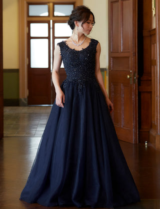 TWEED DRESS(ツイードドレス)のダークネイビーロングドレス・チュール｜TB1719-DNYの全身正面画像です。