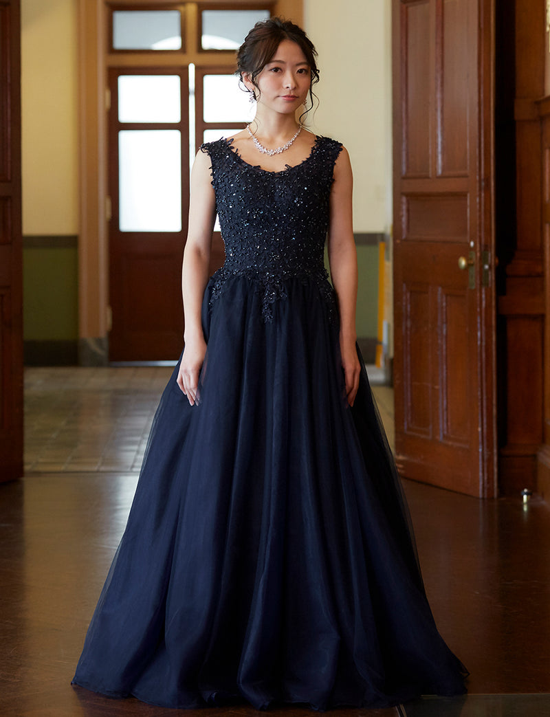 TWEED DRESS(ツイードドレス)のダークネイビーロングドレス・チュール｜TB1719-DNYの全身正面画像です。