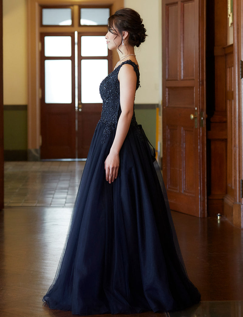 TWEED DRESS(ツイードドレス)のダークネイビーロングドレス・チュール｜TB1719-DNYの全身側面画像です。
