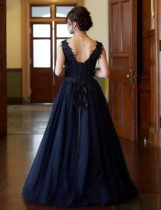 TWEED DRESS(ツイードドレス)のダークネイビーロングドレス・チュール｜TB1719-DNYの全身背面画像です。