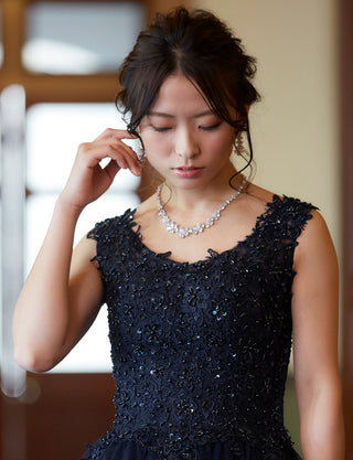 TWEED DRESS(ツイードドレス)のダークネイビーロングドレス・チュール｜TB1719-DNYの上半身正面画像です。