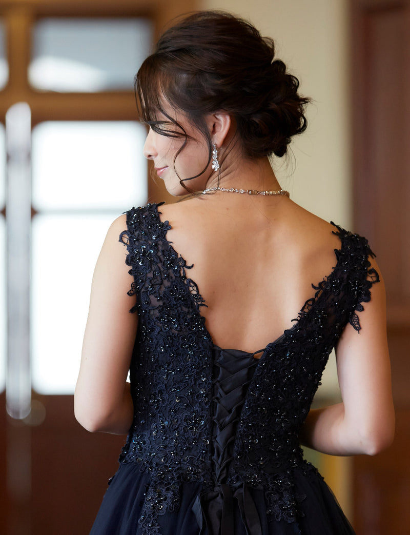TWEED DRESS(ツイードドレス)のダークネイビーロングドレス・チュール｜TB1719-DNYの上半身背面画像です。