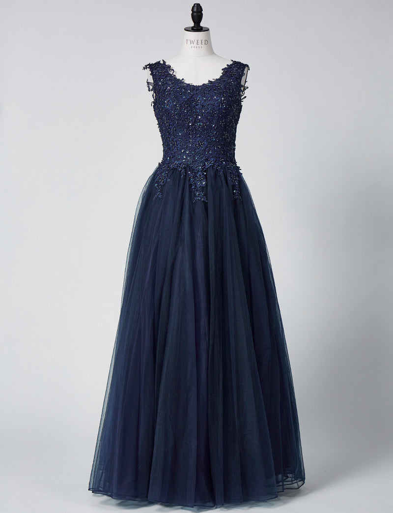 TWEED DRESS(ツイードドレス)のダークネイビーロングドレス・チュール｜TB1719-DNYのトルソー全身正面画像です。