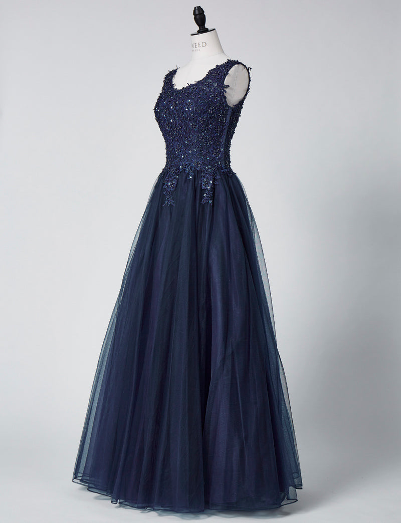 TWEED DRESS(ツイードドレス)のダークネイビーロングドレス・チュール｜TB1719-DNYのトルソー全身斜め画像です。