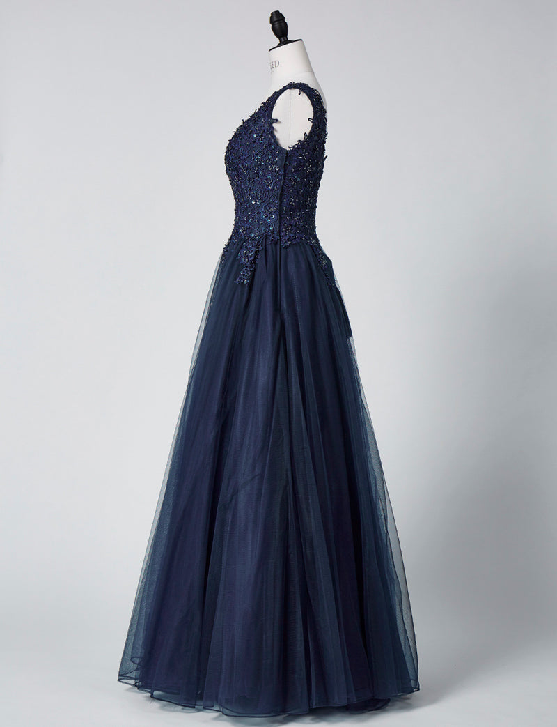TWEED DRESS(ツイードドレス)のダークネイビーロングドレス・チュール｜TB1719-DNYのトルソー全身側面画像です。
