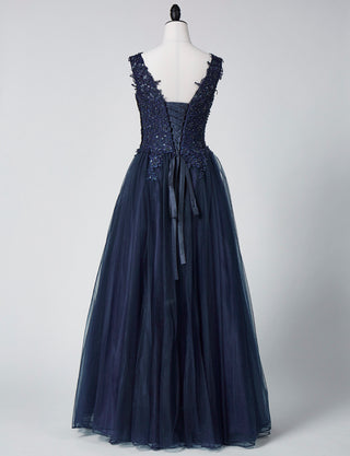 TWEED DRESS(ツイードドレス)のダークネイビーロングドレス・チュール｜TB1719-DNYのトルソー全身背面画像です。