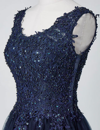 TWEED DRESS(ツイードドレス)のダークネイビーロングドレス・チュール｜TB1719-DNYのトルソー上半身斜め画像です。