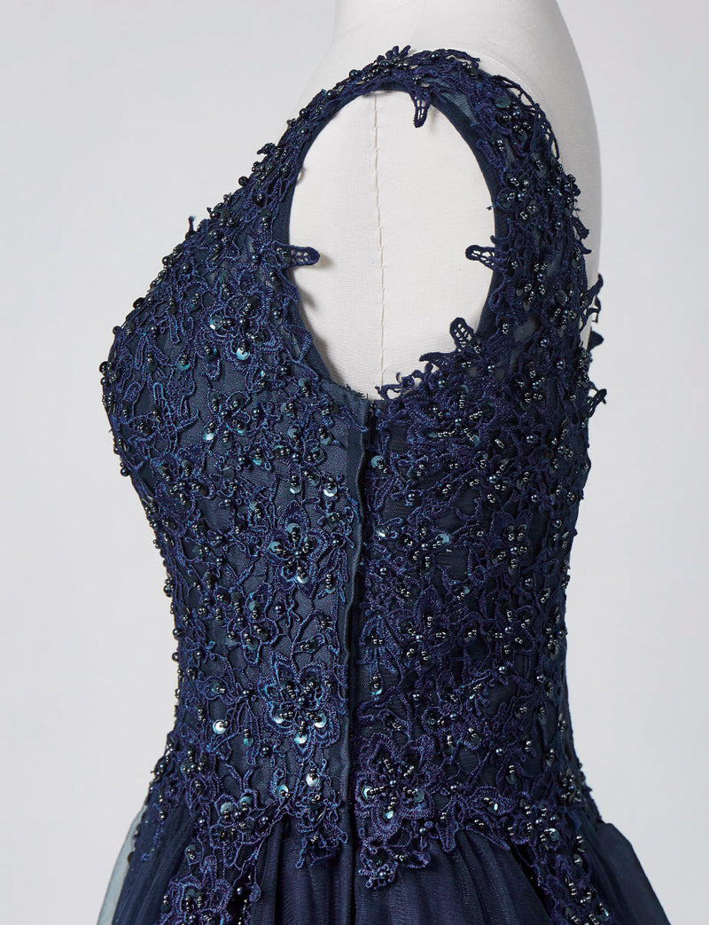 TWEED DRESS(ツイードドレス)のダークネイビーロングドレス・チュール｜TB1719-DNYのトルソー上半身側面画像です。