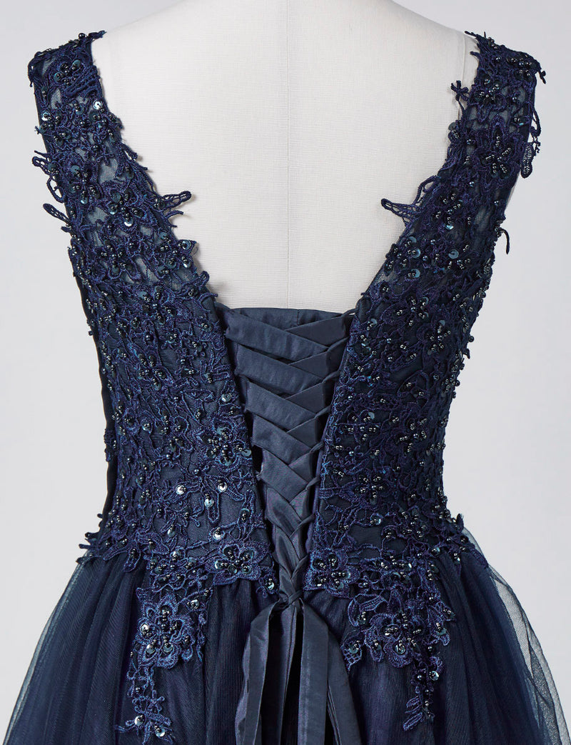 TWEED DRESS(ツイードドレス)のダークネイビーロングドレス・チュール｜TB1719-DNYのトルソー上半身背面画像です。
