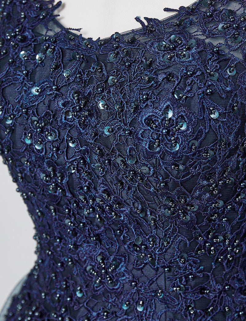 TWEED DRESS(ツイードドレス)のダークネイビーロングドレス・チュール｜TB1719-DNYの上半身ビジュ装飾拡大画像です。