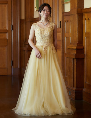 TWEED DRESS(ツイードドレス)のレモンイエローロングドレス・チュール｜TB1719-LYWの全身正面画像です。