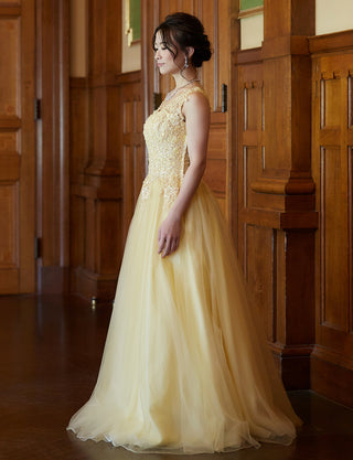 TWEED DRESS(ツイードドレス)のレモンイエローロングドレス・チュール｜TB1719-LYWの全身側面画像です。