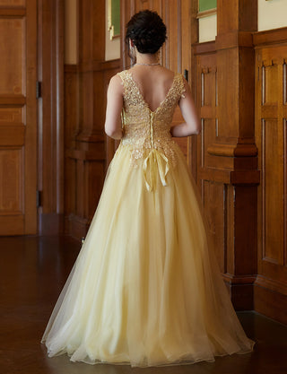 TWEED DRESS(ツイードドレス)のレモンイエローロングドレス・チュール｜TB1719-LYWの全身背面画像です。