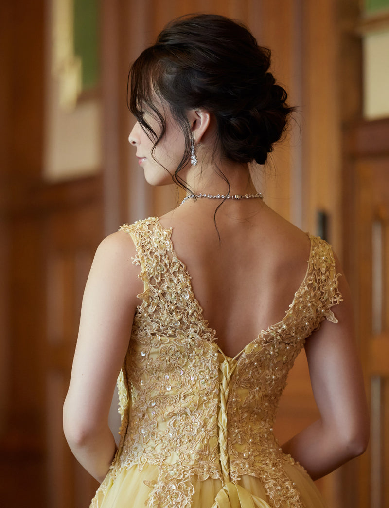 TWEED DRESS(ツイードドレス)のレモンイエローロングドレス・チュール｜TB1719-LYWの上半身背面画像です。