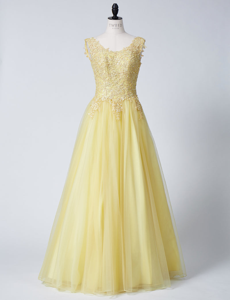 TWEED DRESS(ツイードドレス)のレモンイエローロングドレス・チュール｜TB1719-LYWのトルソー全身正面画像です。
