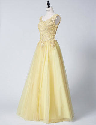 TWEED DRESS(ツイードドレス)のレモンイエローロングドレス・チュール｜TB1719-LYWのトルソー全身斜め画像です。