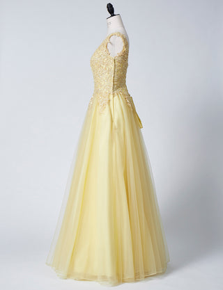 TWEED DRESS(ツイードドレス)のレモンイエローロングドレス・チュール｜TB1719-LYWのトルソー全身側面画像です。