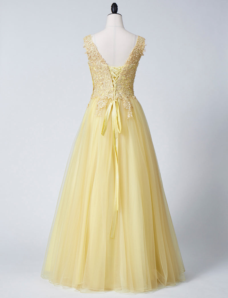 TWEED DRESS(ツイードドレス)のレモンイエローロングドレス・チュール｜TB1719-LYWのトルソー全身背面画像です。