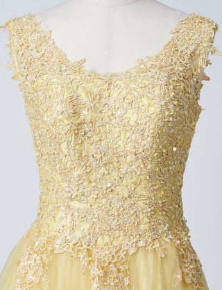 TWEED DRESS(ツイードドレス)のレモンイエローロングドレス・チュール｜TB1719-LYWのトルソー上半身正面画像です。