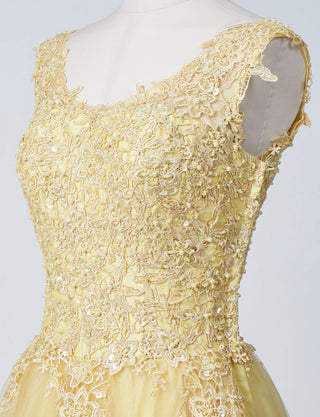 TWEED DRESS(ツイードドレス)のレモンイエローロングドレス・チュール｜TB1719-LYWのトルソー上半身斜め画像です。