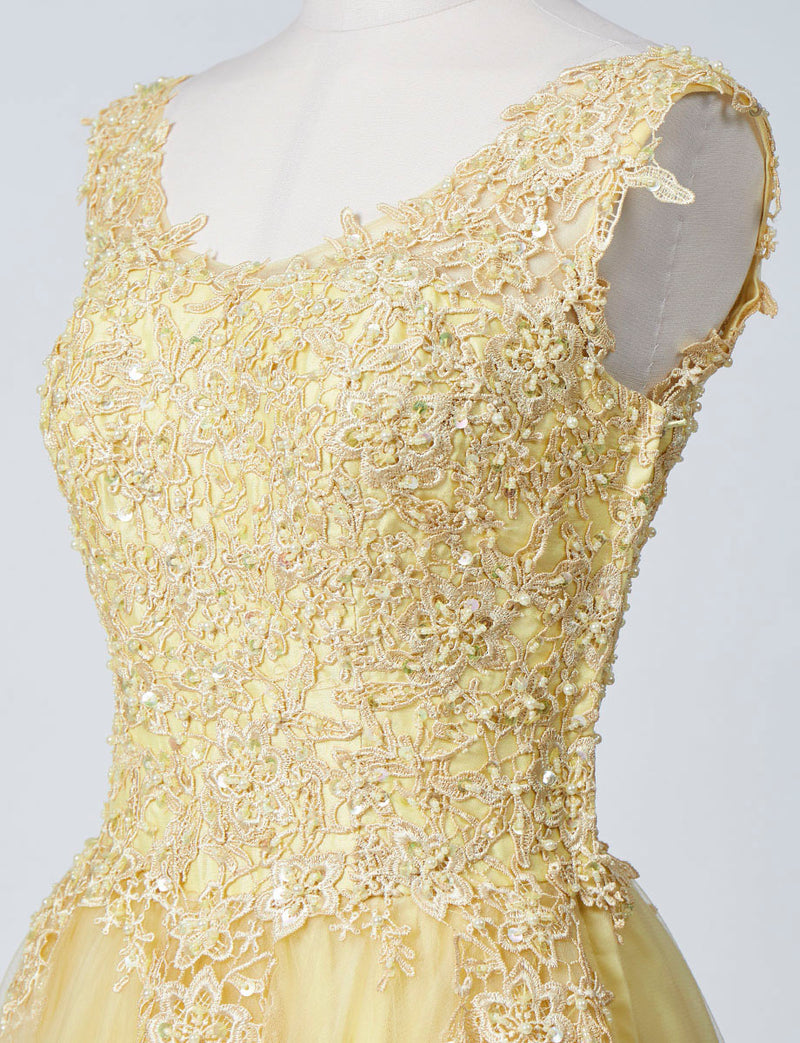 TWEED DRESS(ツイードドレス)のレモンイエローロングドレス・チュール｜TB1719-LYWのトルソー上半身斜め画像です。