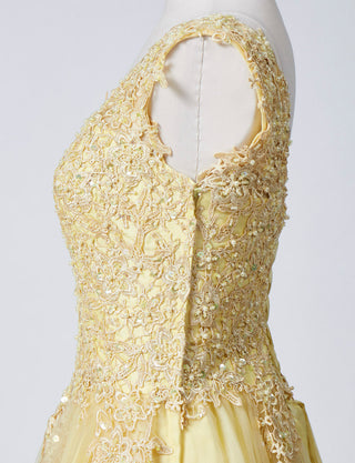 TWEED DRESS(ツイードドレス)のレモンイエローロングドレス・チュール｜TB1719-LYWのトルソー上半身側面画像です。