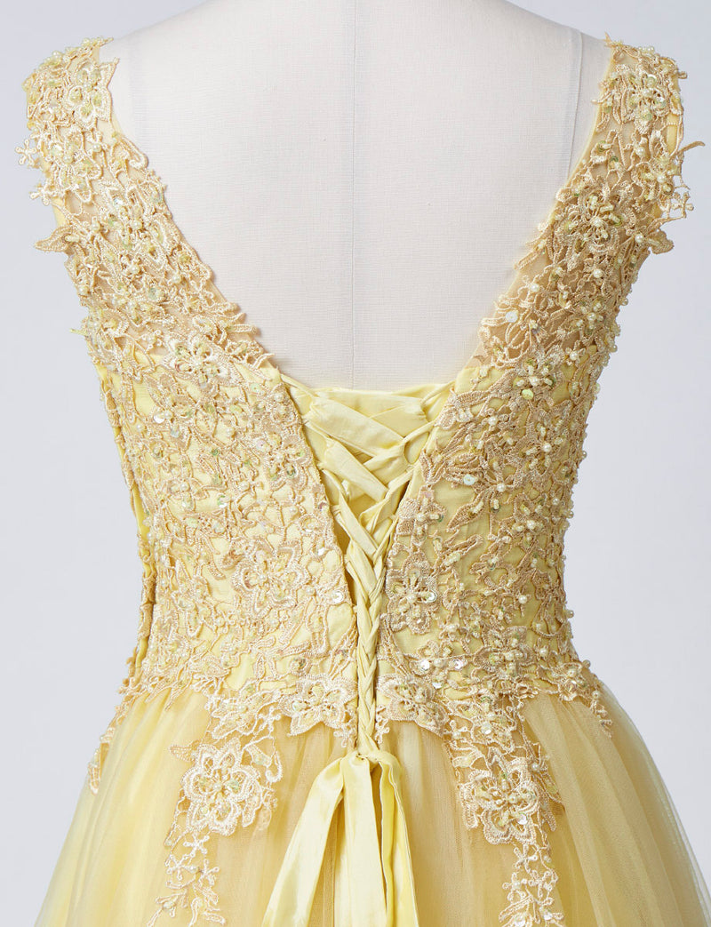 TWEED DRESS(ツイードドレス)のレモンイエローロングドレス・チュール｜TB1719-LYWのトルソー上半身背面画像です。