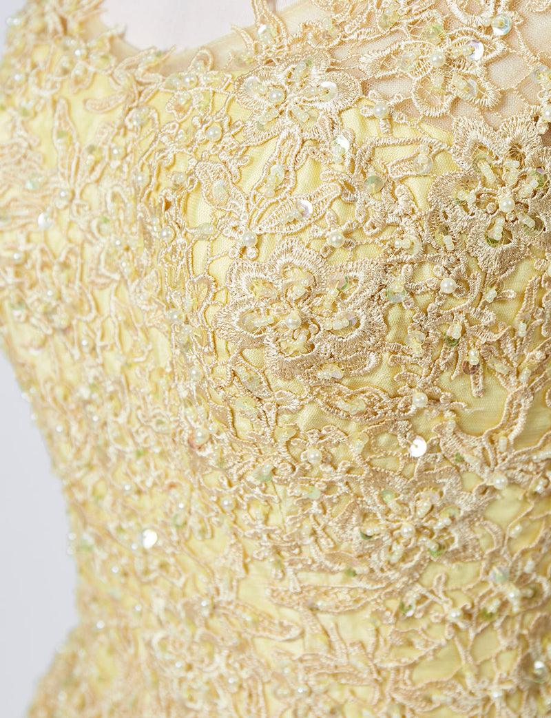 TWEED DRESS(ツイードドレス)のレモンイエローロングドレス・チュール｜TB1719-LYWの上半身ビジュ装飾拡大画像です。