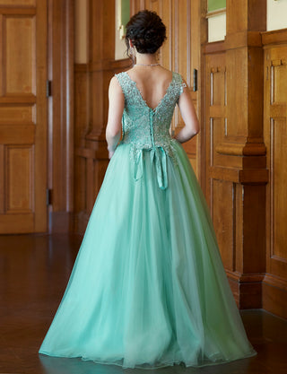 TWEED DRESS(ツイードドレス)のペールミントロングドレス・チュール｜TB1719-PMTの全身背面画像です。