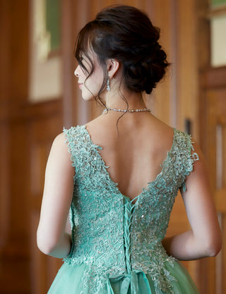 TWEED DRESS(ツイードドレス)のペールミントロングドレス・チュール｜TB1719-PMTの上半身背面画像です。