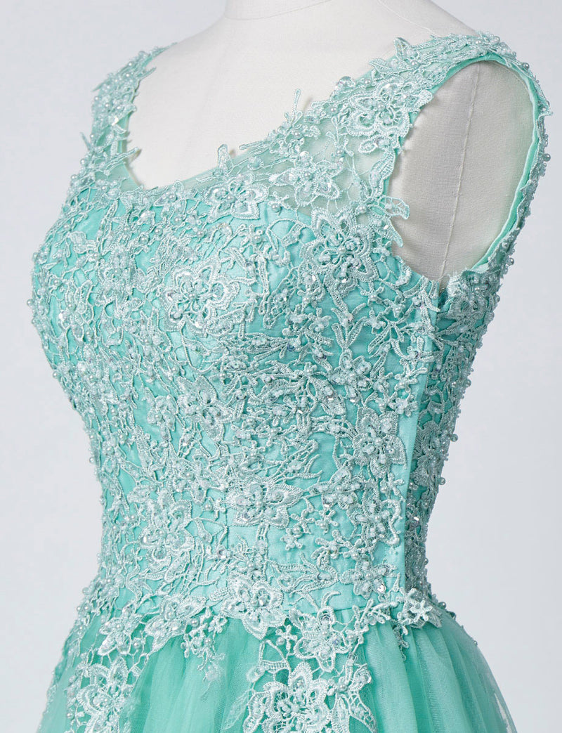 TWEED DRESS(ツイードドレス)のペールミントロングドレス・チュール｜TB1719-PMTのトルソー上半身斜め画像です。