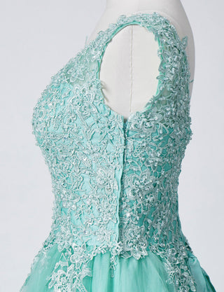 TWEED DRESS(ツイードドレス)のペールミントロングドレス・チュール｜TB1719-PMTのトルソー上半身側面画像です。
