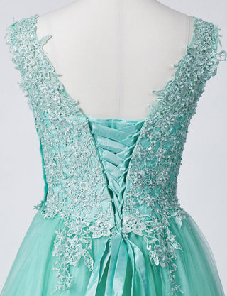 TWEED DRESS(ツイードドレス)のペールミントロングドレス・チュール｜TB1719-PMTのトルソー上半身背面画像です。