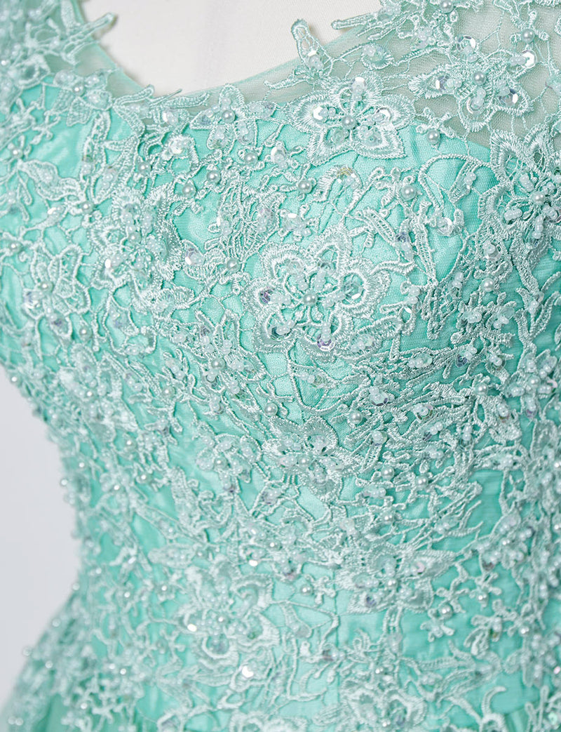 TWEED DRESS(ツイードドレス)のペールミントロングドレス・チュール｜TB1719-PMTの上半身ビジュ装飾拡大画像です。