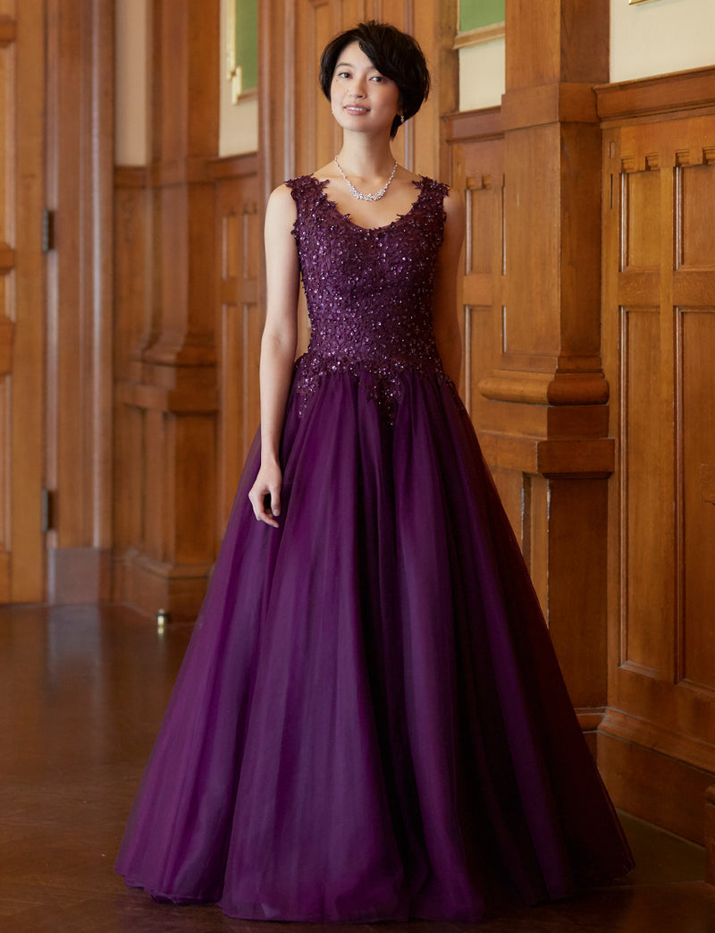 TWEED DRESS(ツイードドレス)のプラムロングドレス・チュール｜TB1719-PMの全身正面画像です。