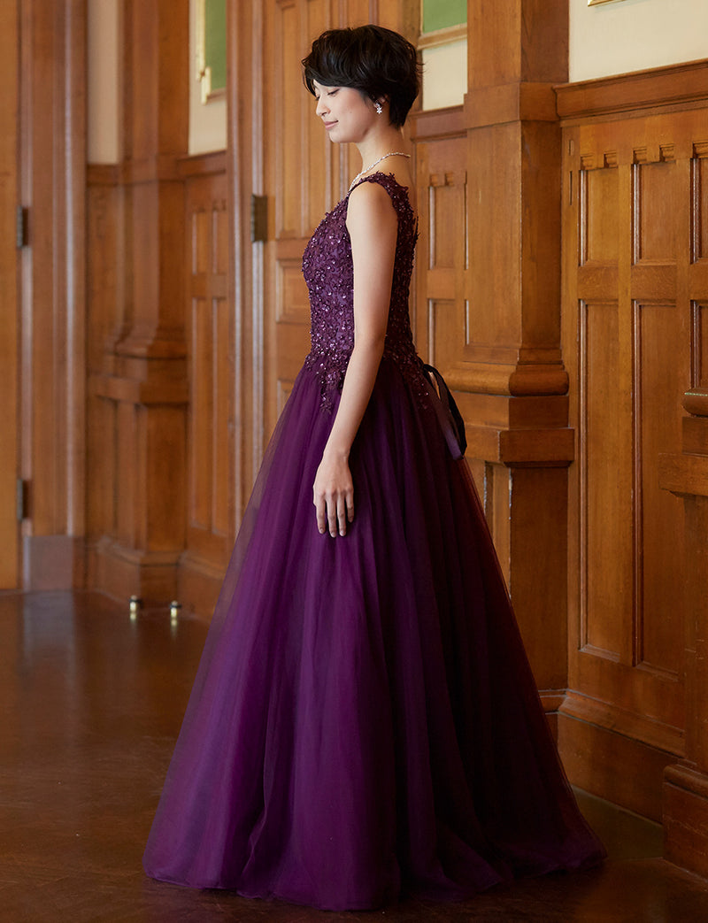 TWEED DRESS(ツイードドレス)のプラムロングドレス・チュール｜TB1719-PMの全身側面画像です。